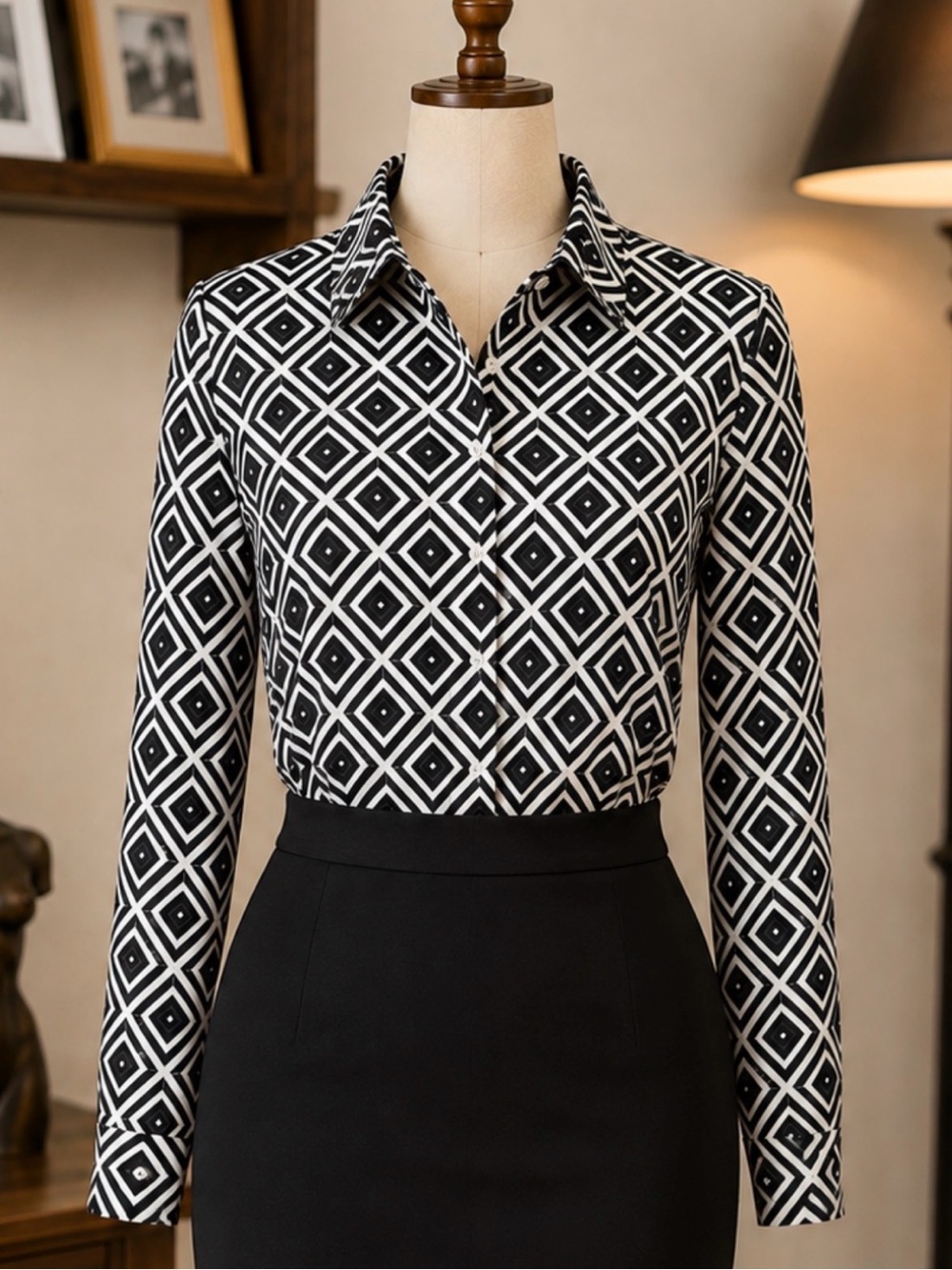 Y2K Michael Michael Kors Geometric Blouse Black White Button Front Size M